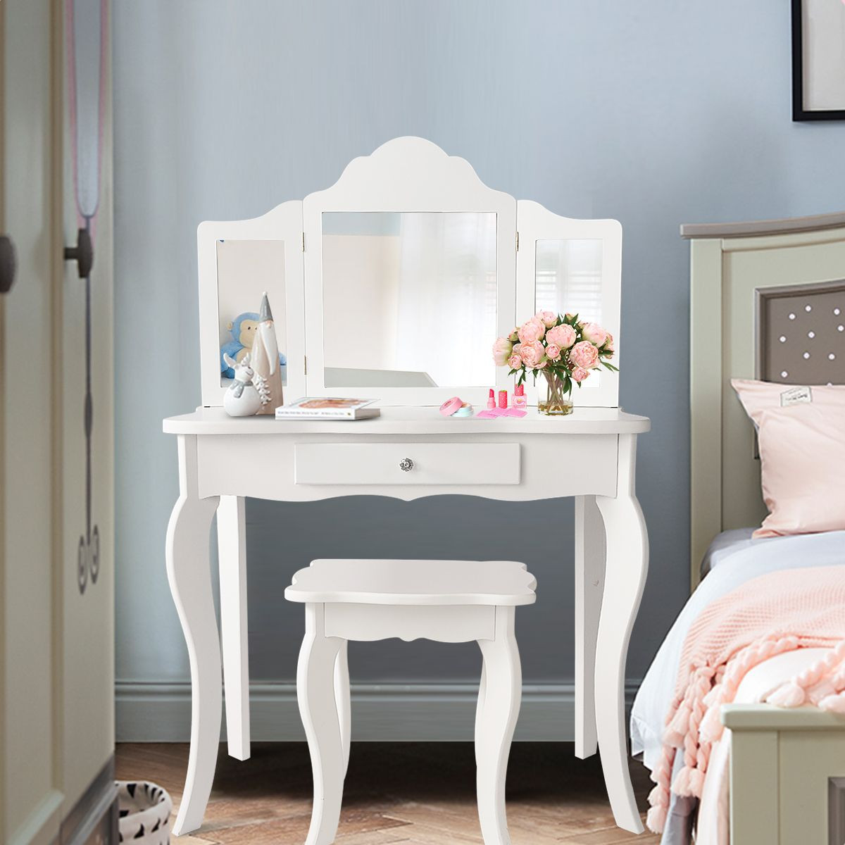 Kids Vanity Table With Tri-fold Mirror And Stool product image