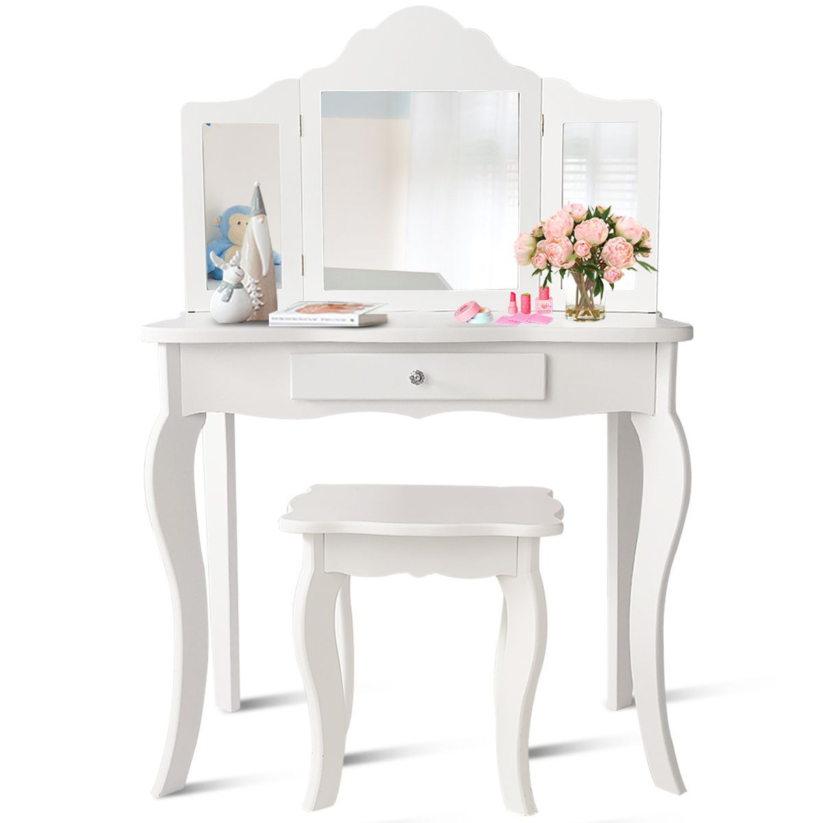 Kids Vanity Table With Tri-fold Mirror And Stool product image
