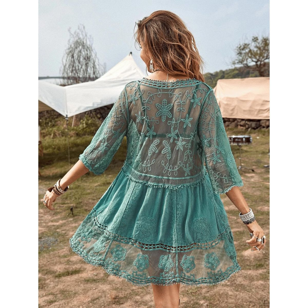 Deep V Neck Lace Embroidered Swimsuit Cover Up product image