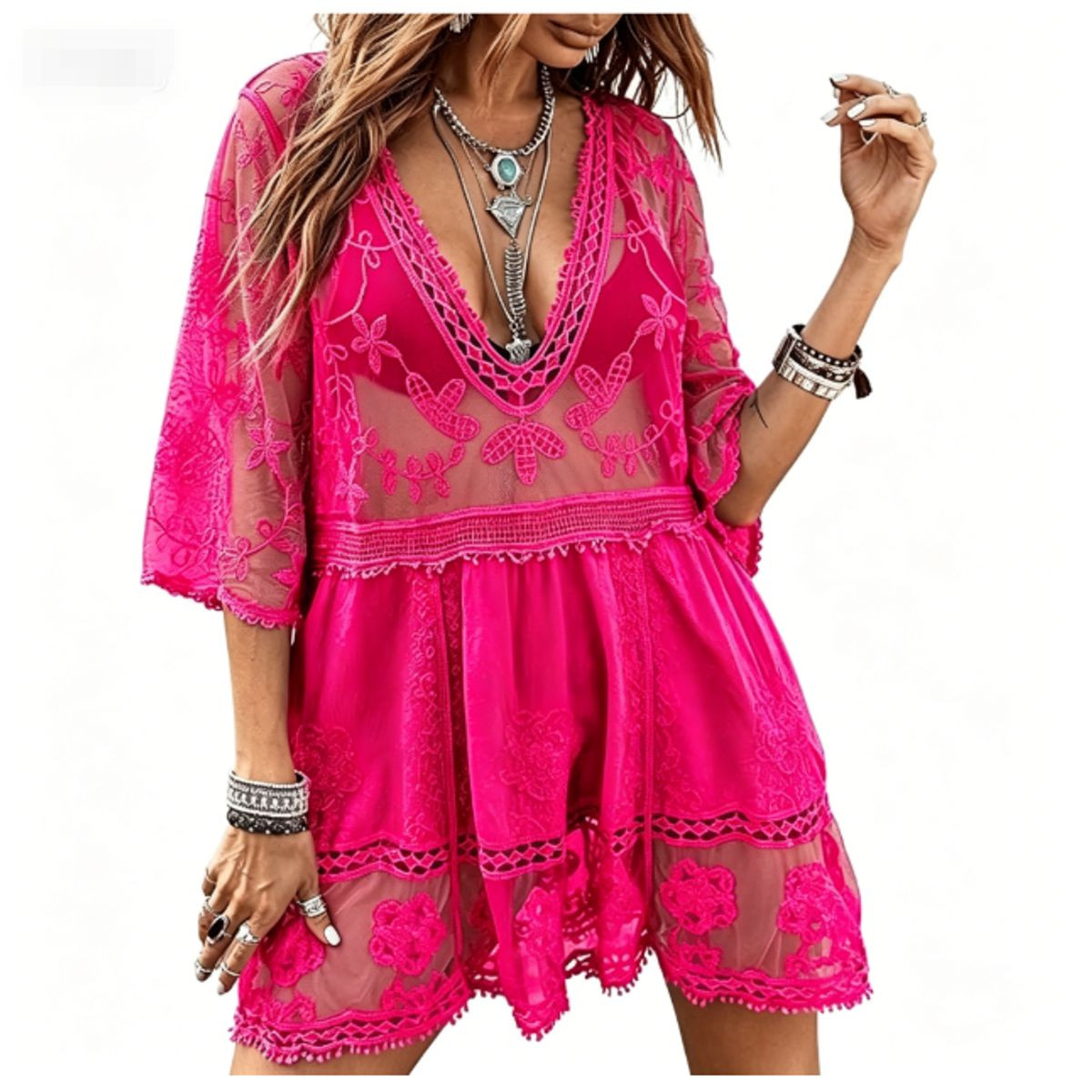 Deep V Neck Lace Embroidered Swimsuit Cover Up product image