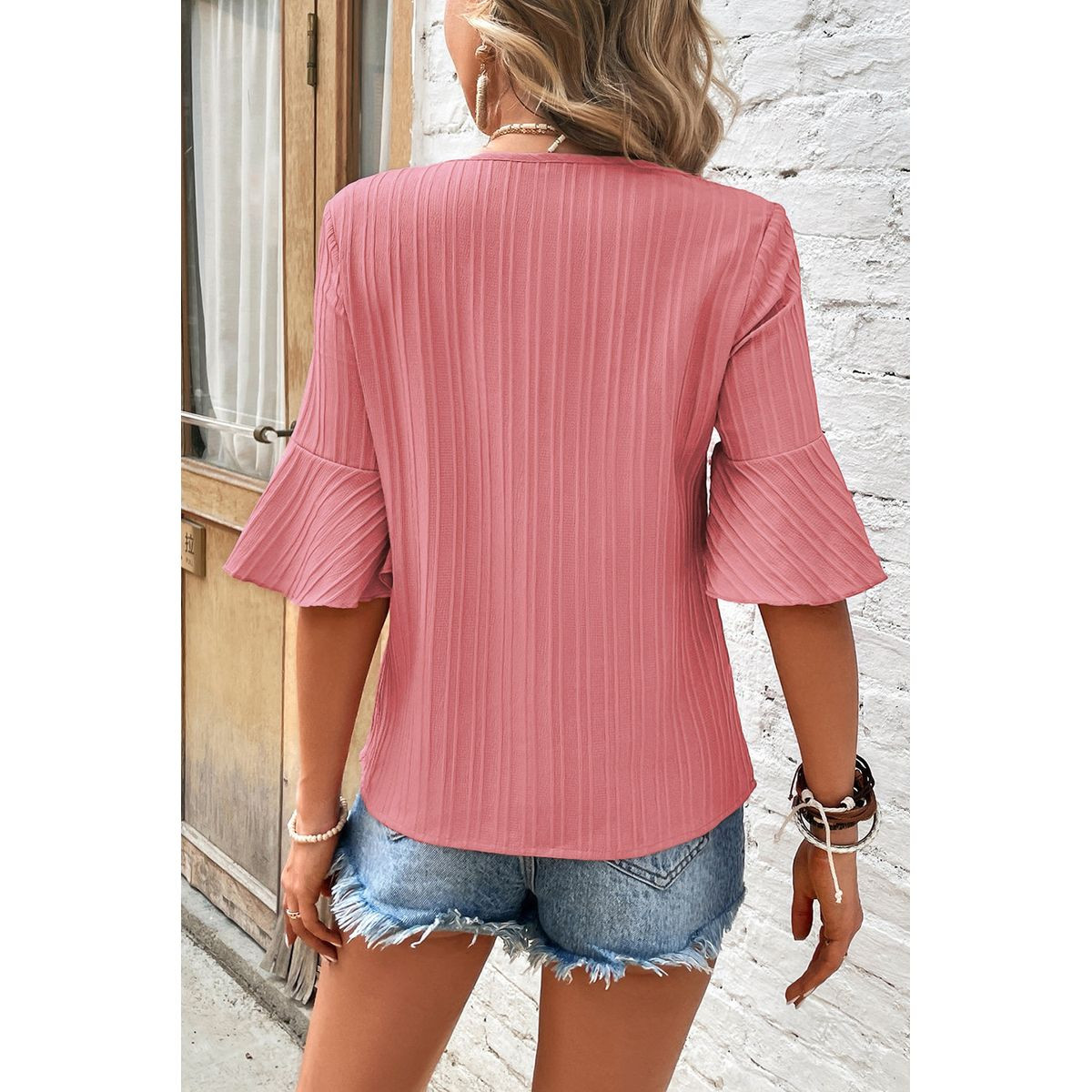 Capri Ruffled Half Sleeve V Neck Textured Top product image