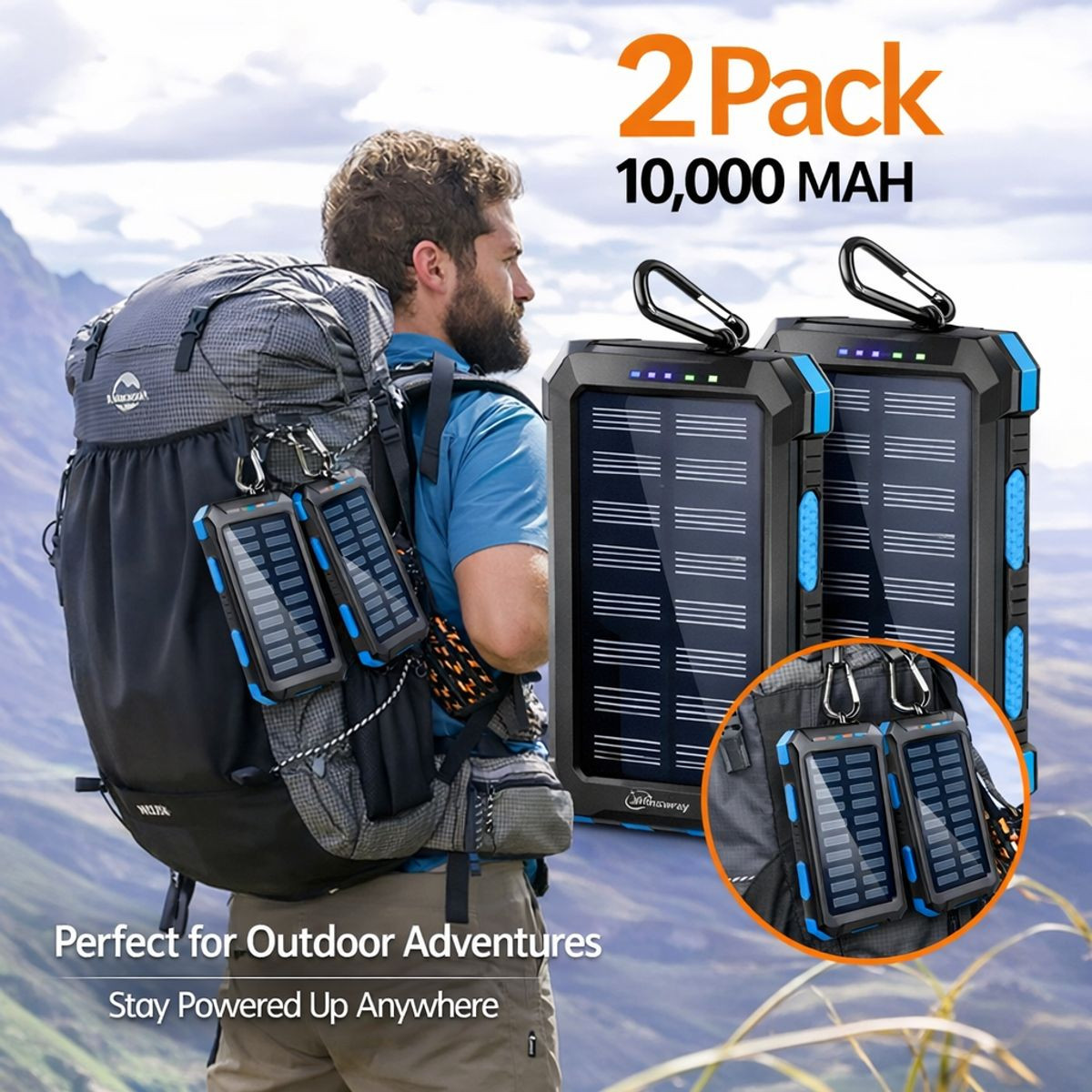 10,000mAh Solar Charger Dual USB + Type‑C/Micro USB Ports (2‑Pack ) product image