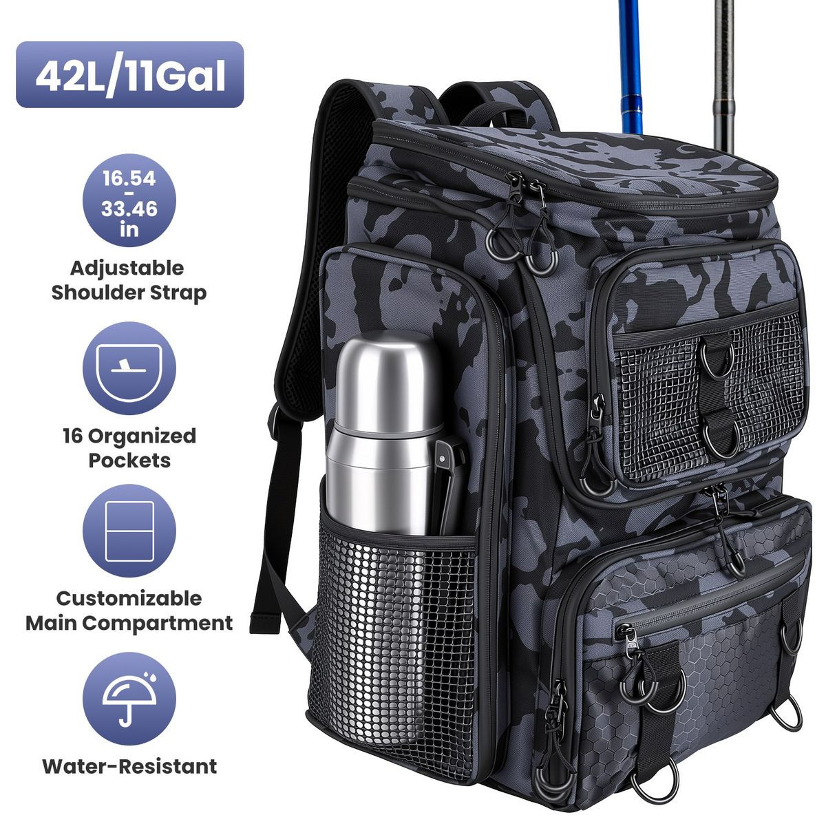 Fishing Backpack with Rod Holders and Multi‑Pocket Tackle Storage product image
