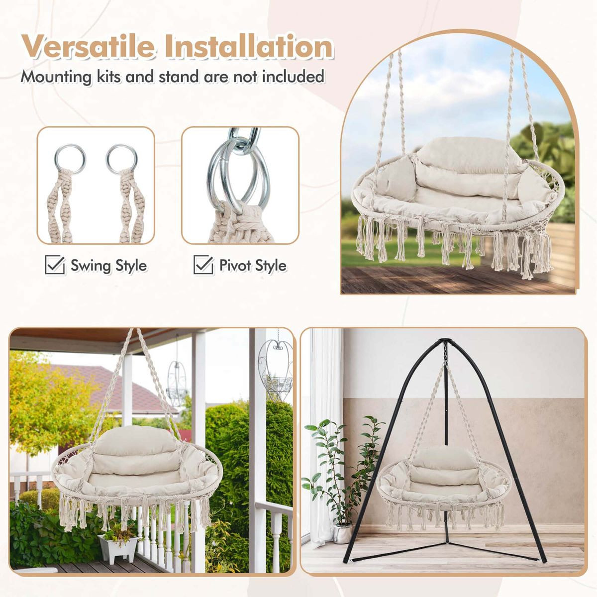 Hand-Woven Rope Hanging Chair with Thick Cushion product image