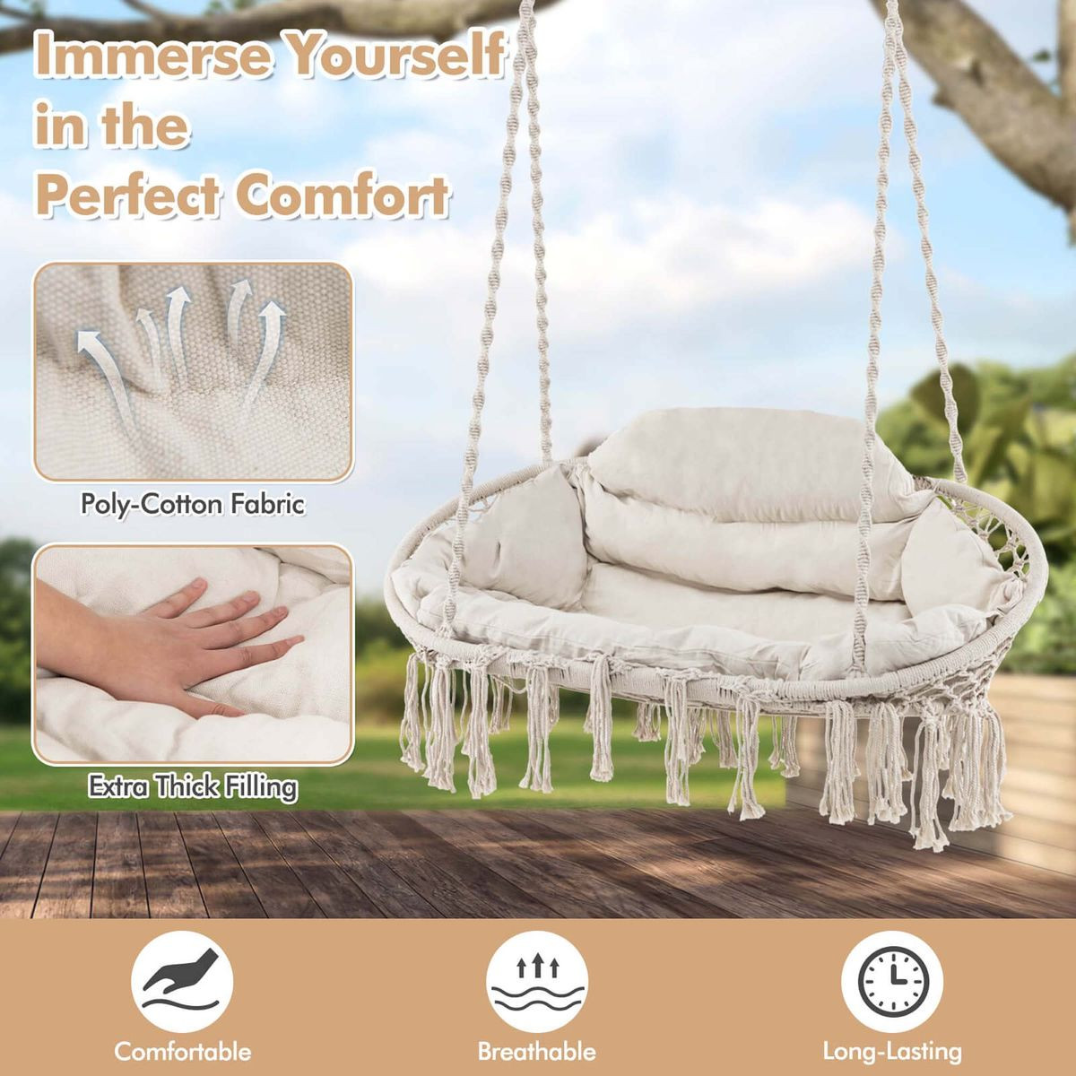 Hand-Woven Rope Hanging Chair with Thick Cushion product image
