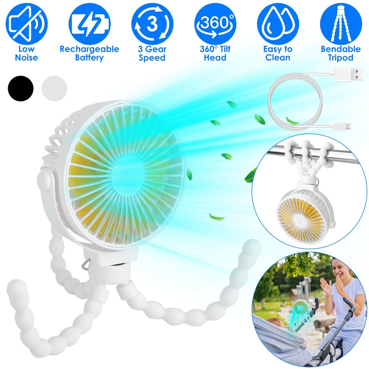 Portable Baby Stroller Fan with Flexible Tripod and 360° Cooling product image
