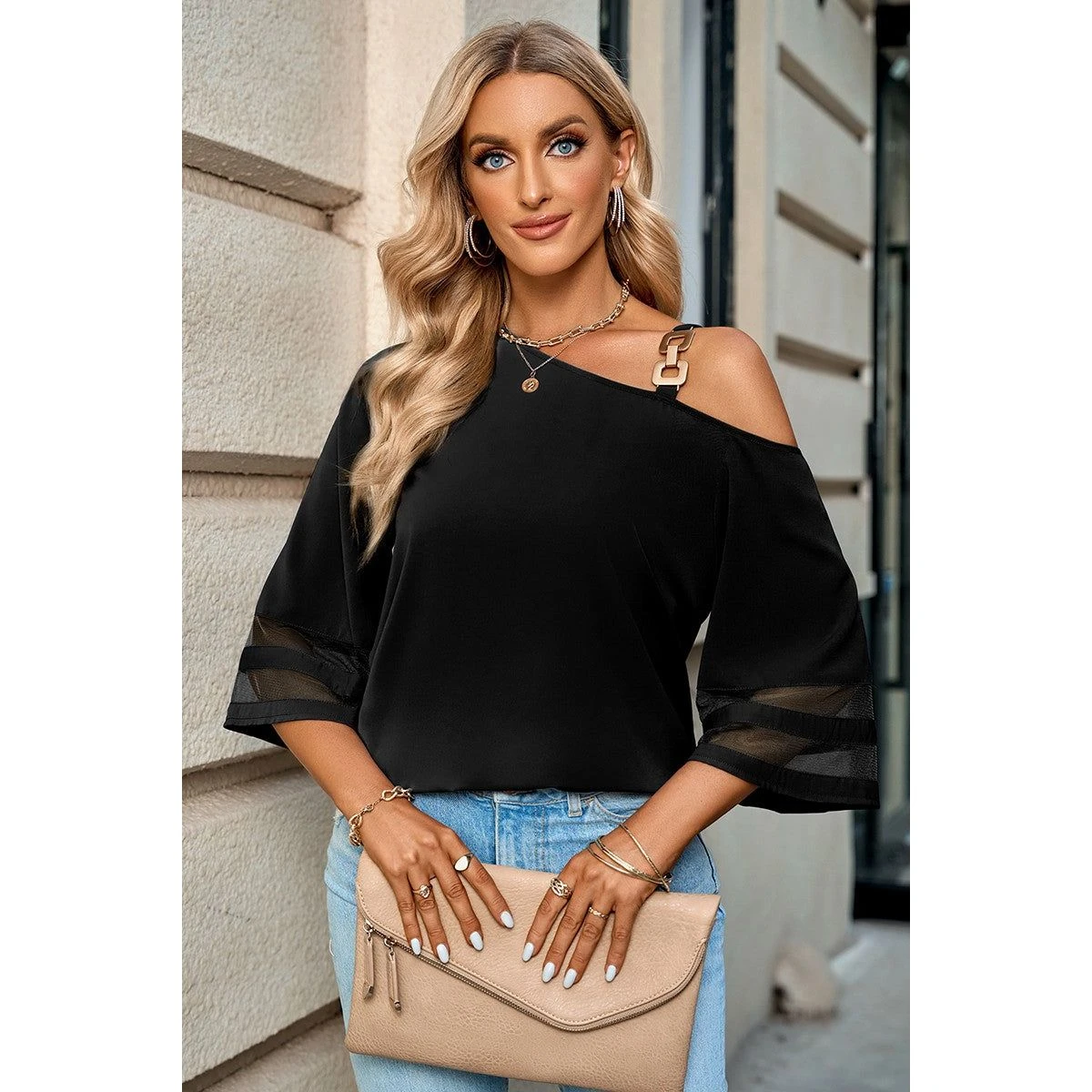 One Shoulder Buckled Strap Blouse product image
