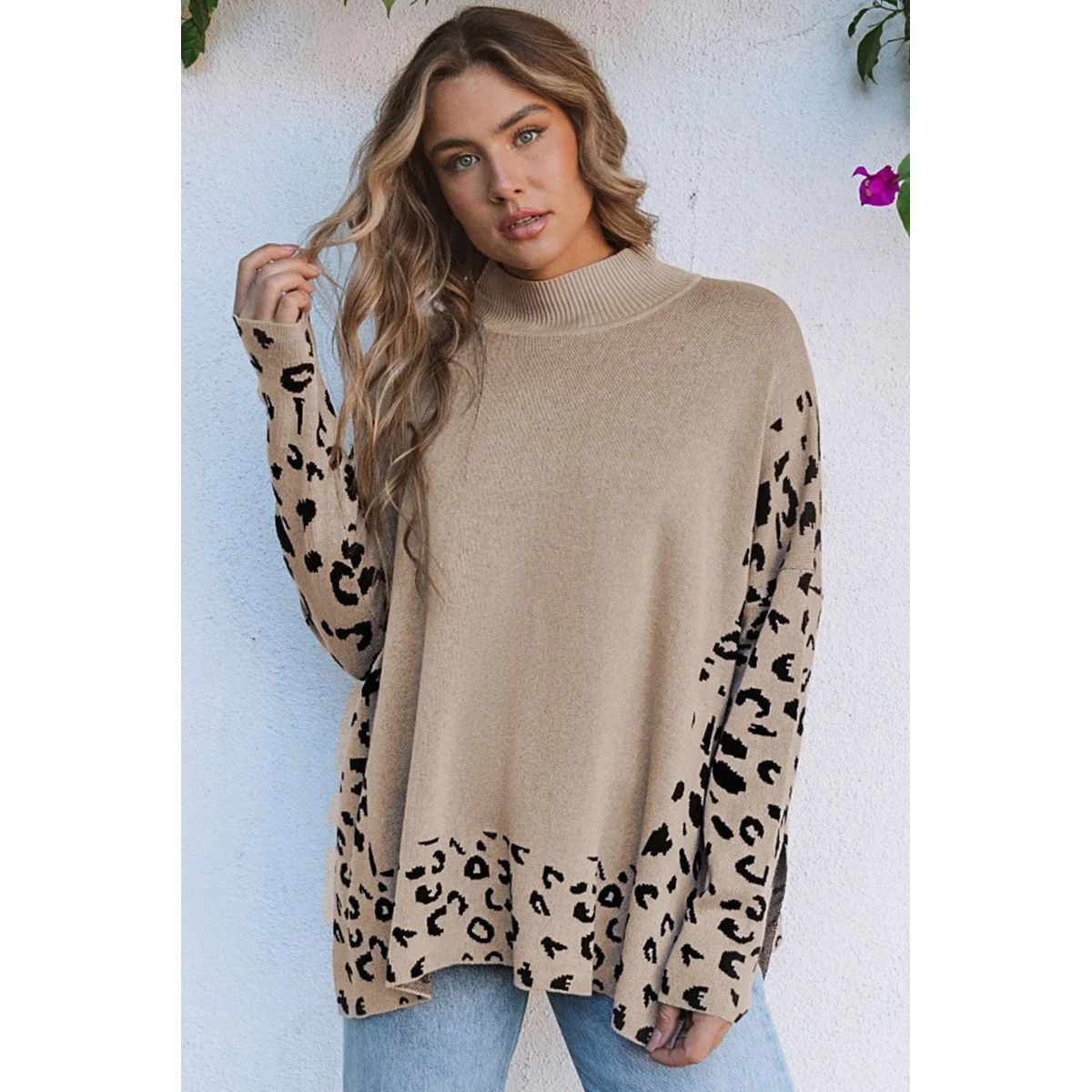 Sarai Leopard High Neck Side Slit Oversized Sweater product image