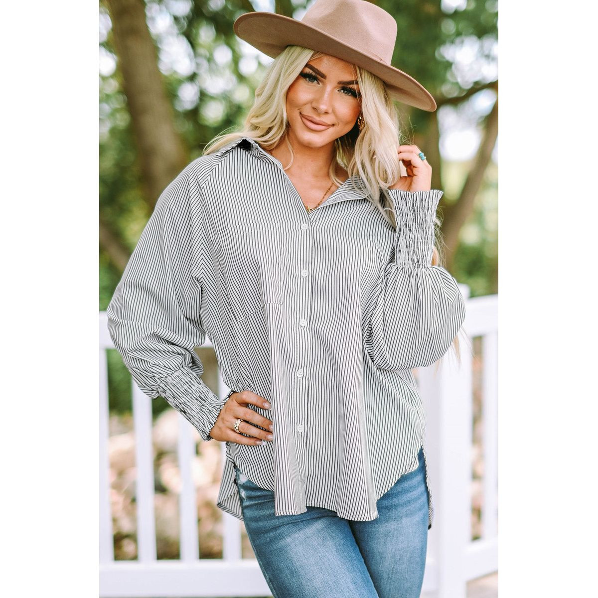Skye Smocked Cuffed Boyfriend Shirt with Pocket product image