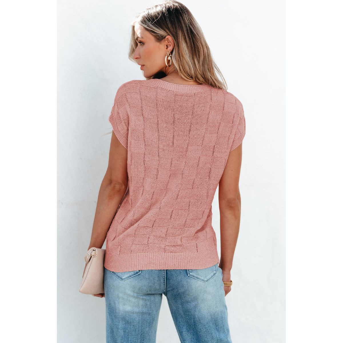 Andrea Lattice Textured Knit Short Sleeve Sweater product image