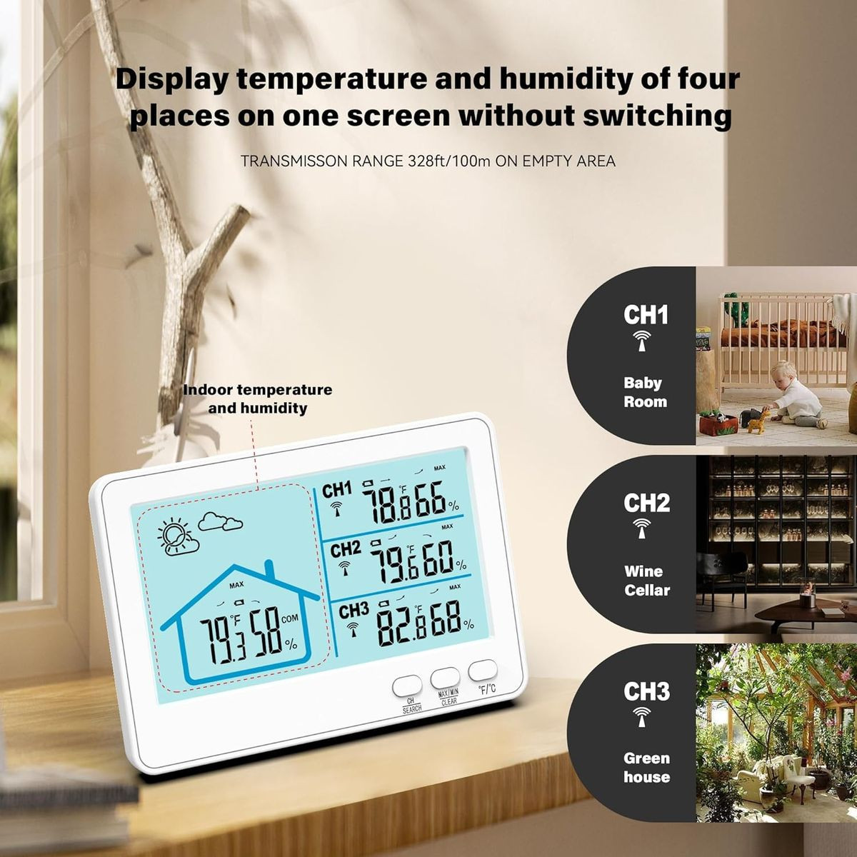 Indoor Outdoor Thermometer Wireless, 5 Inch Display Digital Hygrometer Thermometer Monitor with Sensor and Weather Station, Black product image