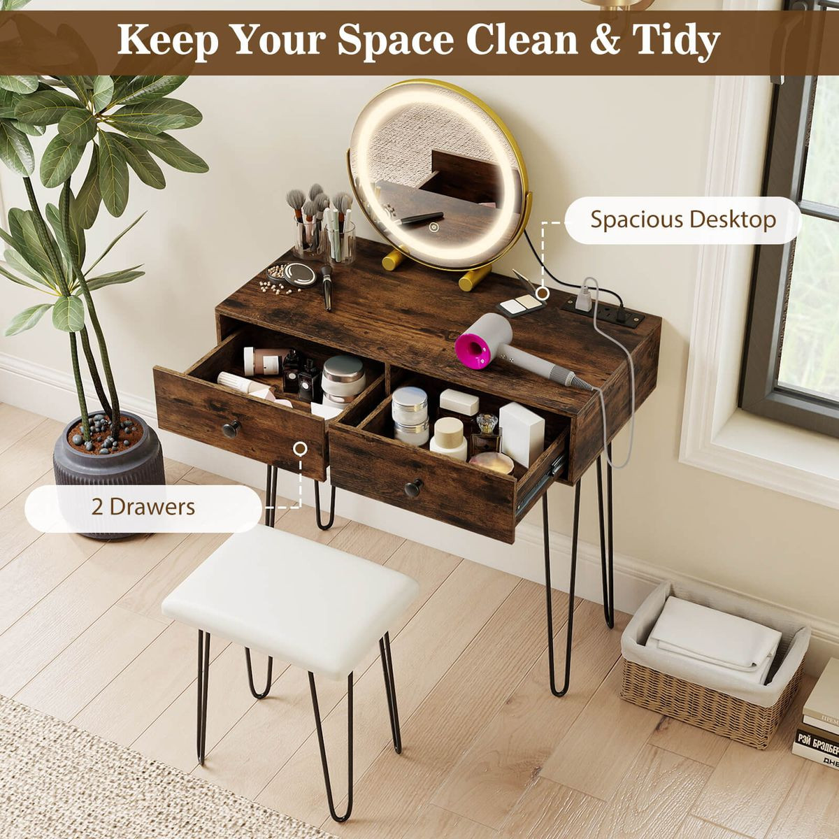 Vanity Desk with Stool and Adjustable Lighted Mirror product image