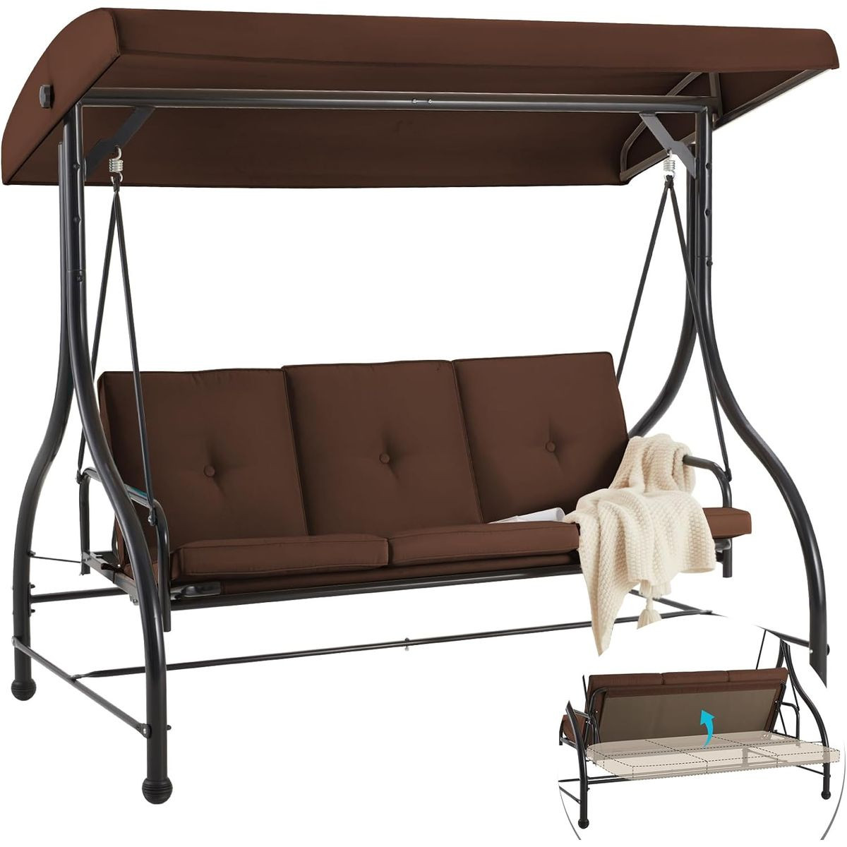 3-Seat Outdoor Porch Swing with Adjustable Backrest and Canopy product image