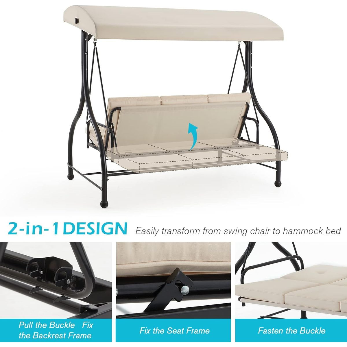 3-Seat Outdoor Porch Swing with Adjustable Backrest and Canopy product image