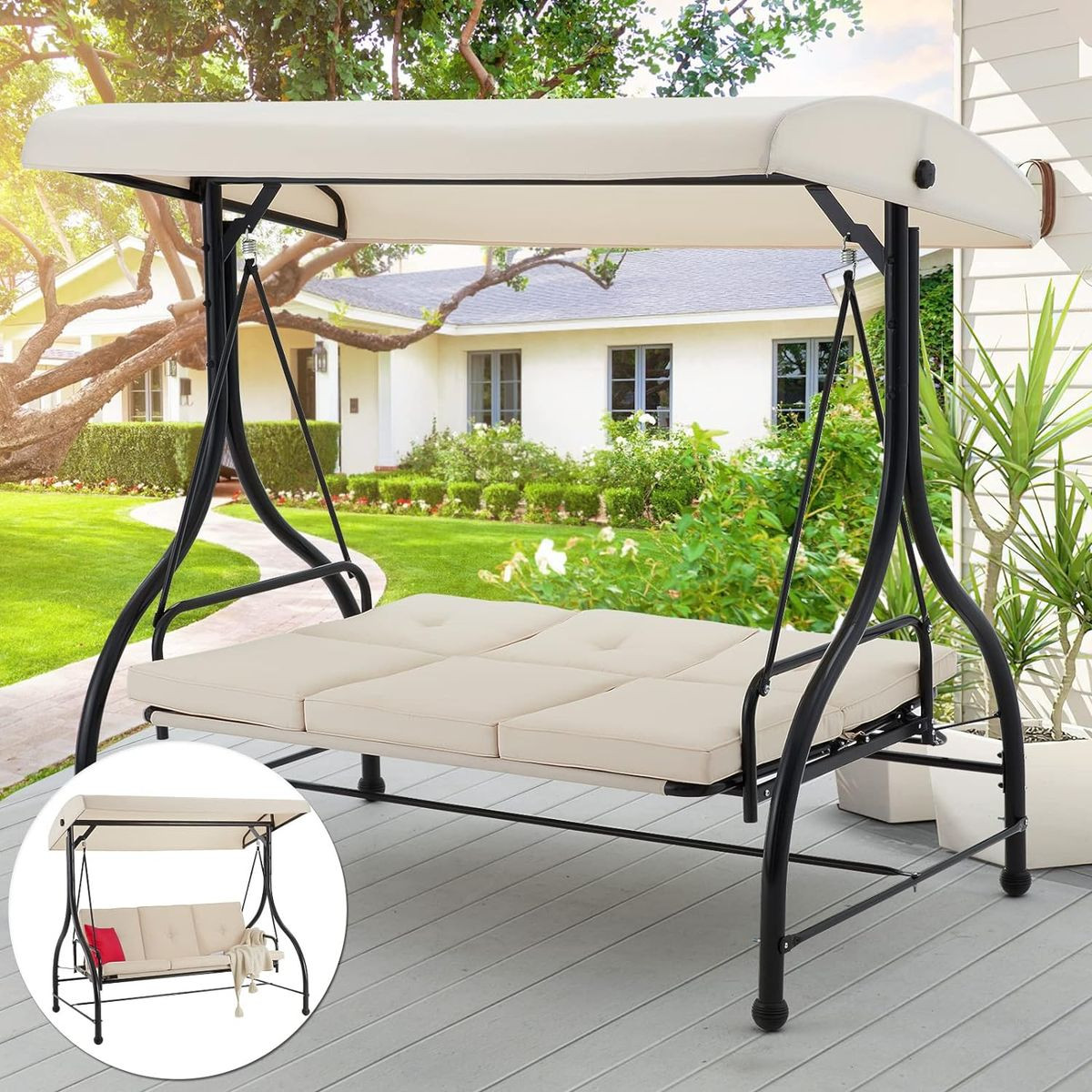 3-Seat Outdoor Porch Swing with Adjustable Backrest and Canopy product image