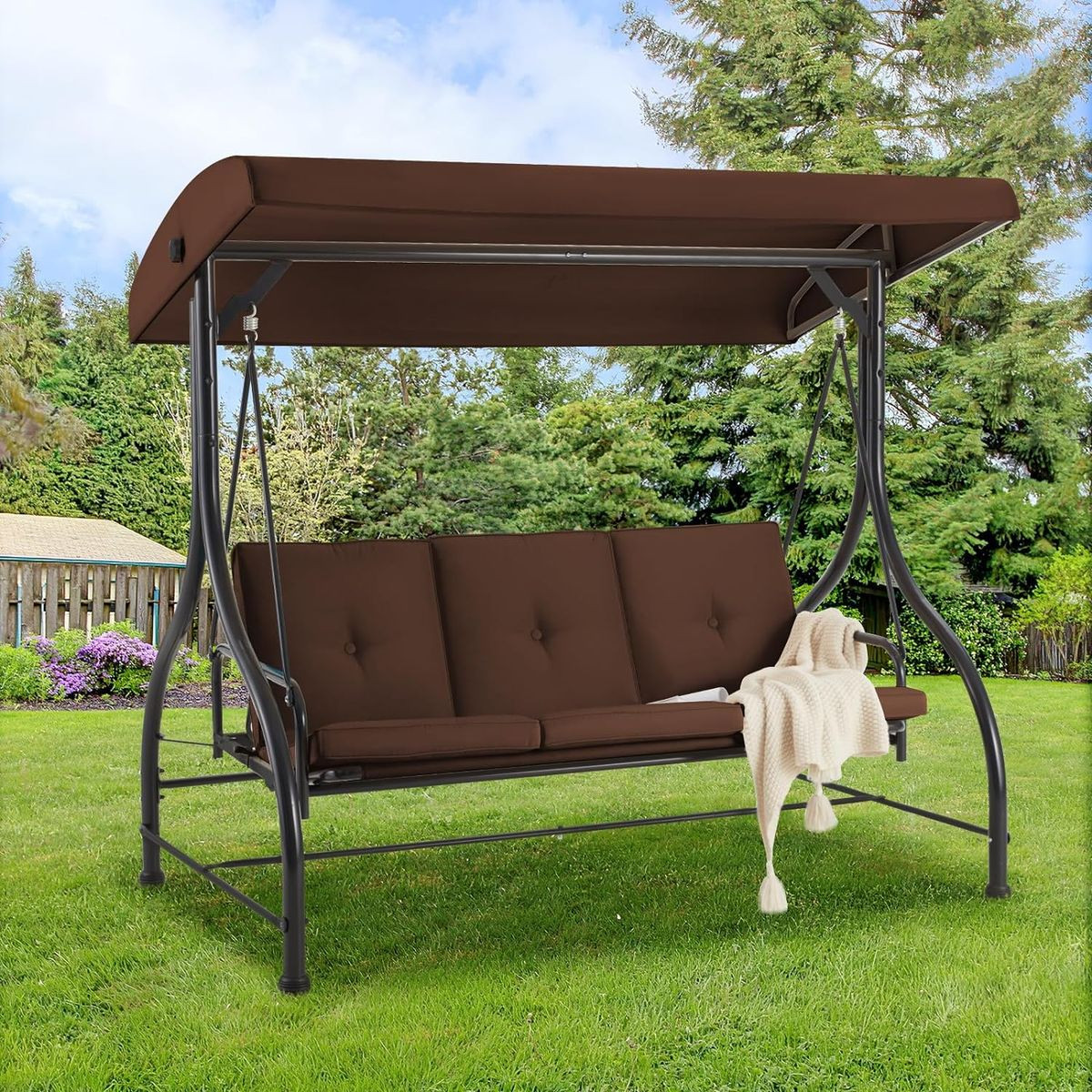 3-Seat Outdoor Porch Swing with Adjustable Backrest and Canopy product image