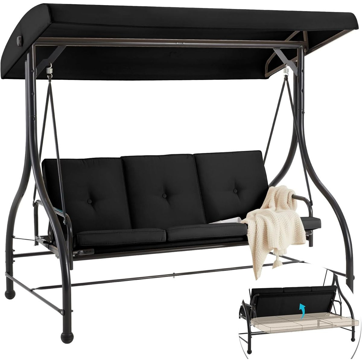 3-Seat Outdoor Porch Swing with Adjustable Backrest and Canopy product image