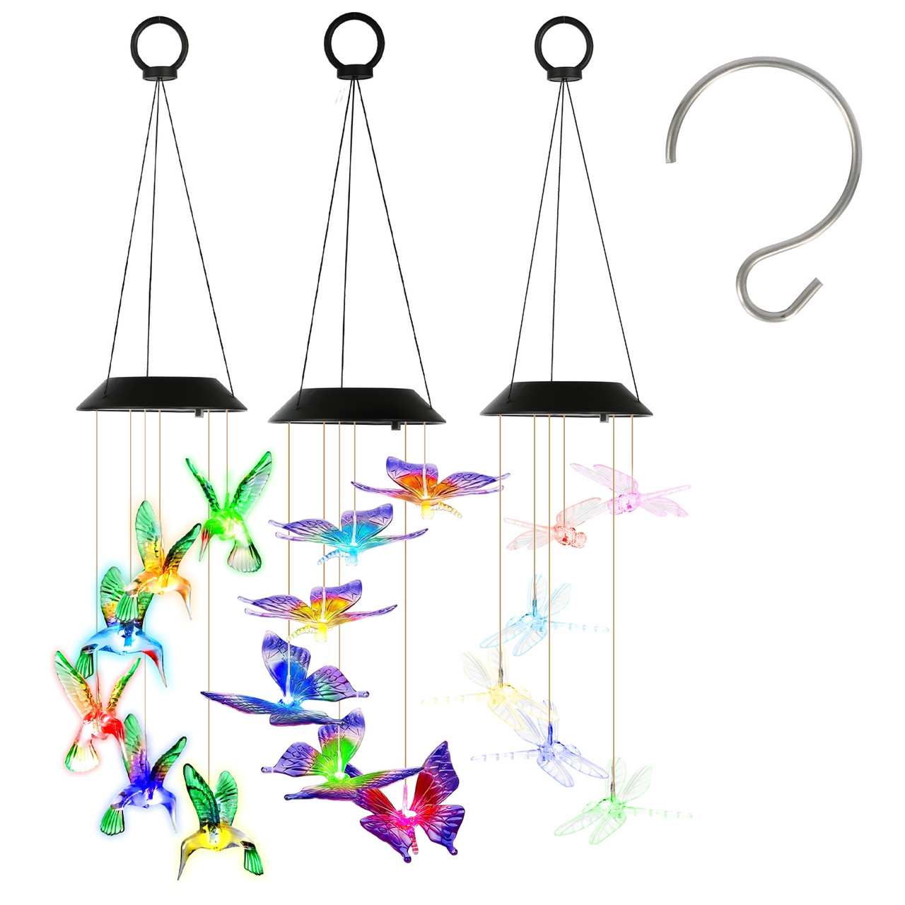 LED Solar Hummingbird, Butterfly, Dragonfly Wind Chimes (3-Pack) product image