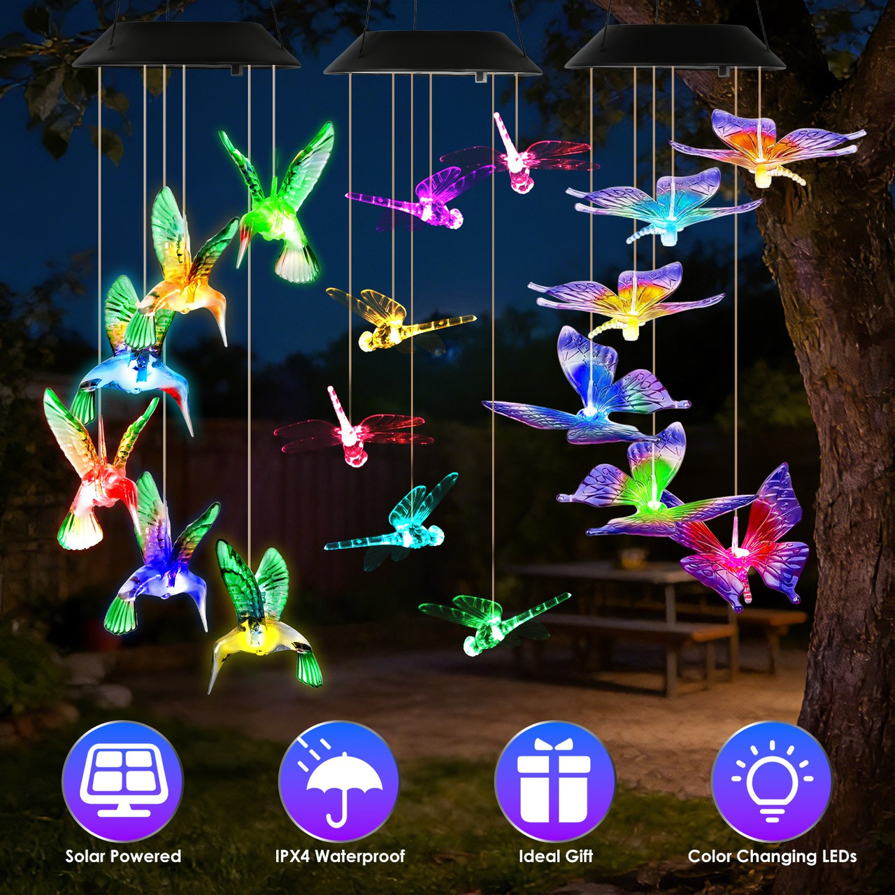 LED Solar Hummingbird, Butterfly, Dragonfly Wind Chimes (3-Pack) product image