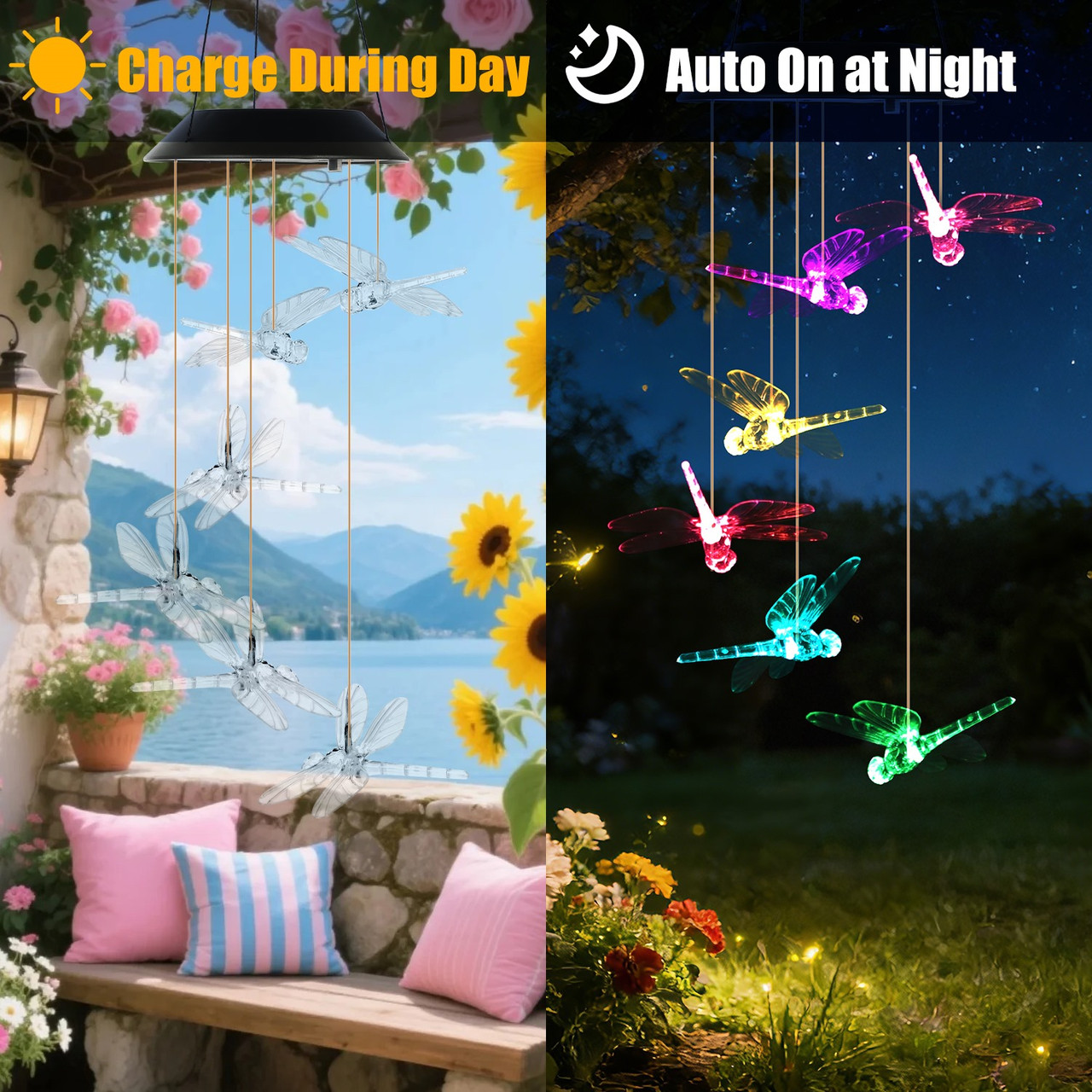 LED Solar Hummingbird, Butterfly, Dragonfly Wind Chimes (3-Pack) product image