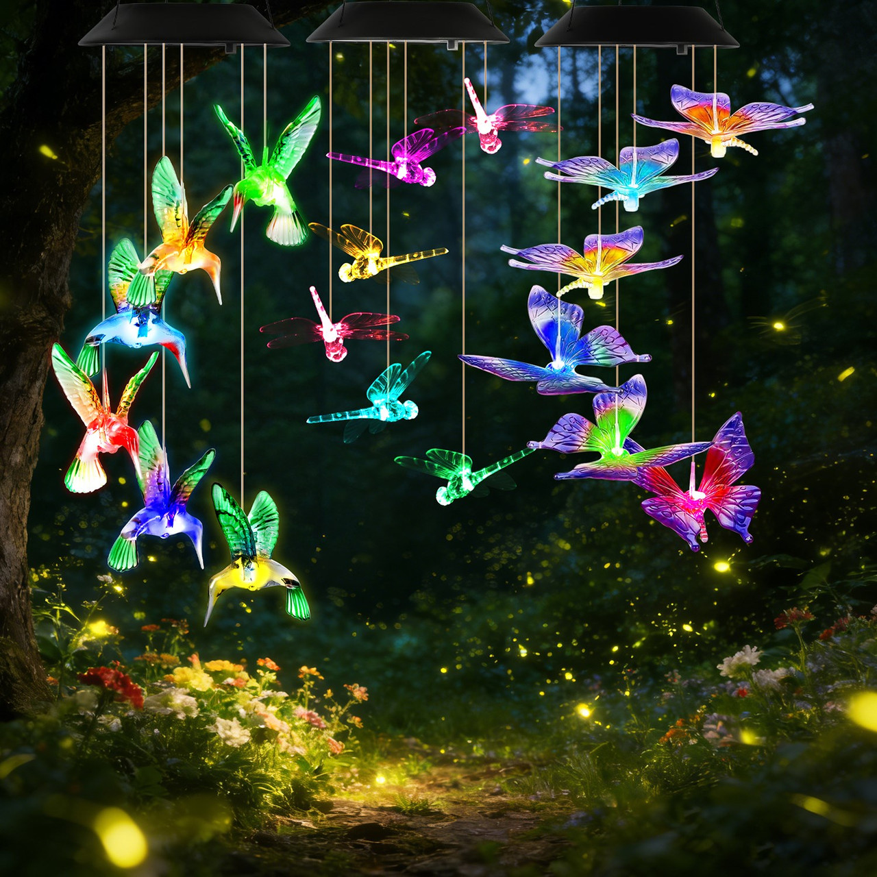 LED Solar Hummingbird, Butterfly, Dragonfly Wind Chimes (3-Pack) product image