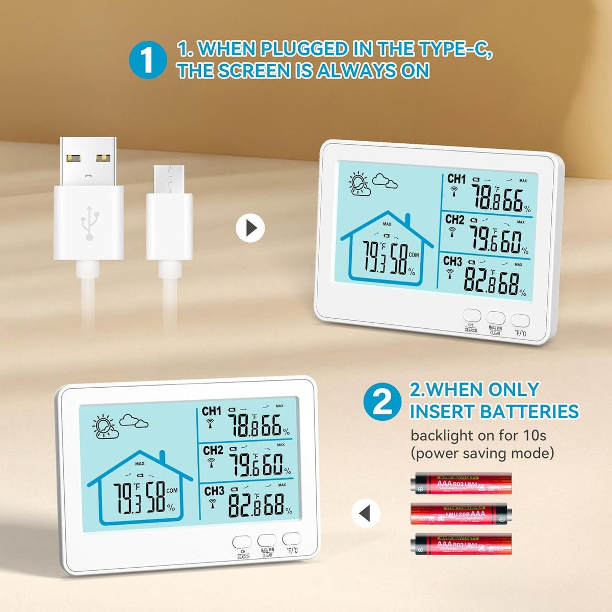 Indoor Outdoor Thermometer Wireless, 5 Inch Display Digital Hygrometer Thermometer Monitor with Sensor and Weather Station, White product image