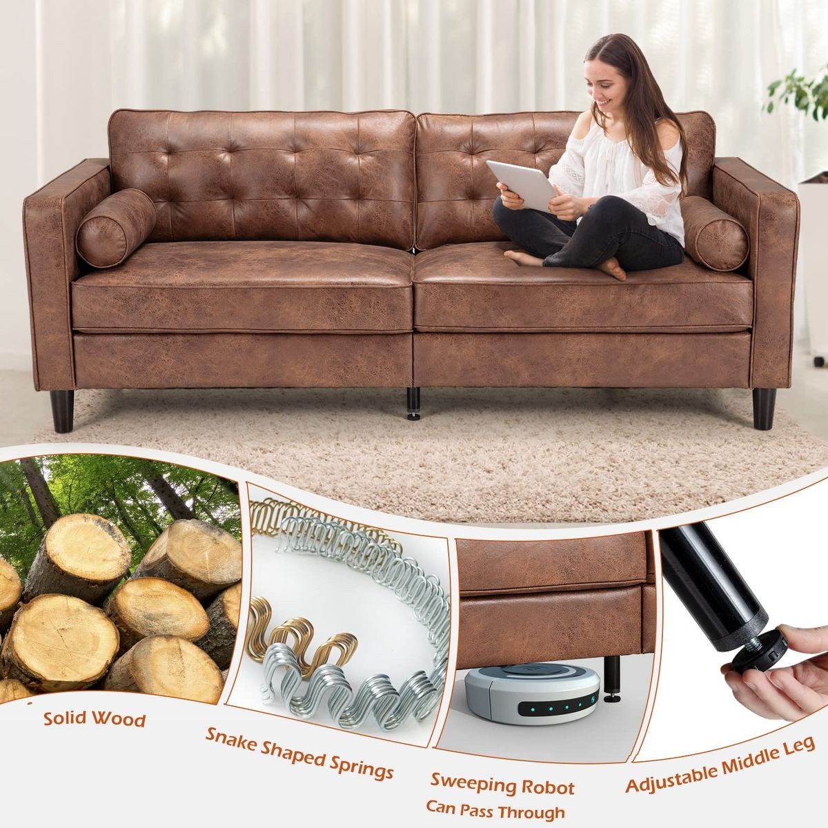 3-Seater 84.2” Mid-Century Sofa Couch with Pillows product image