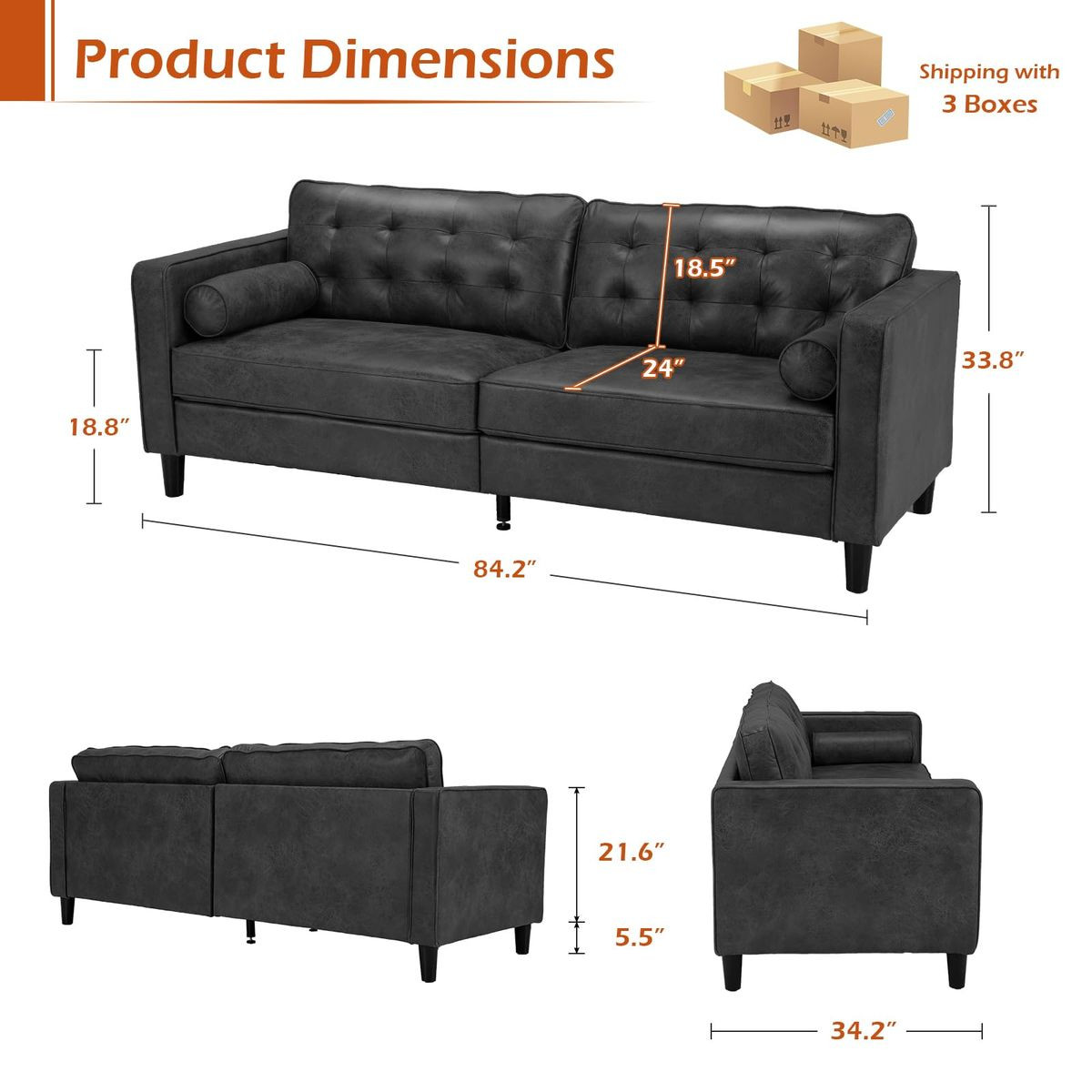 3-Seater 84.2” Mid-Century Sofa Couch with Pillows product image