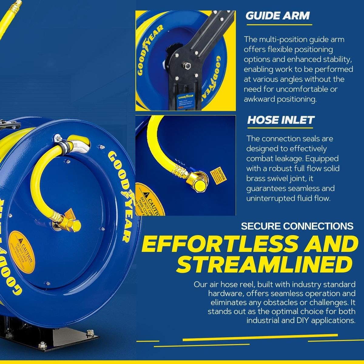 Goodyear Air Hose Reel - 1/2" x 65' Ft, 300 PSI Max, 1/4" NPT Connections product image
