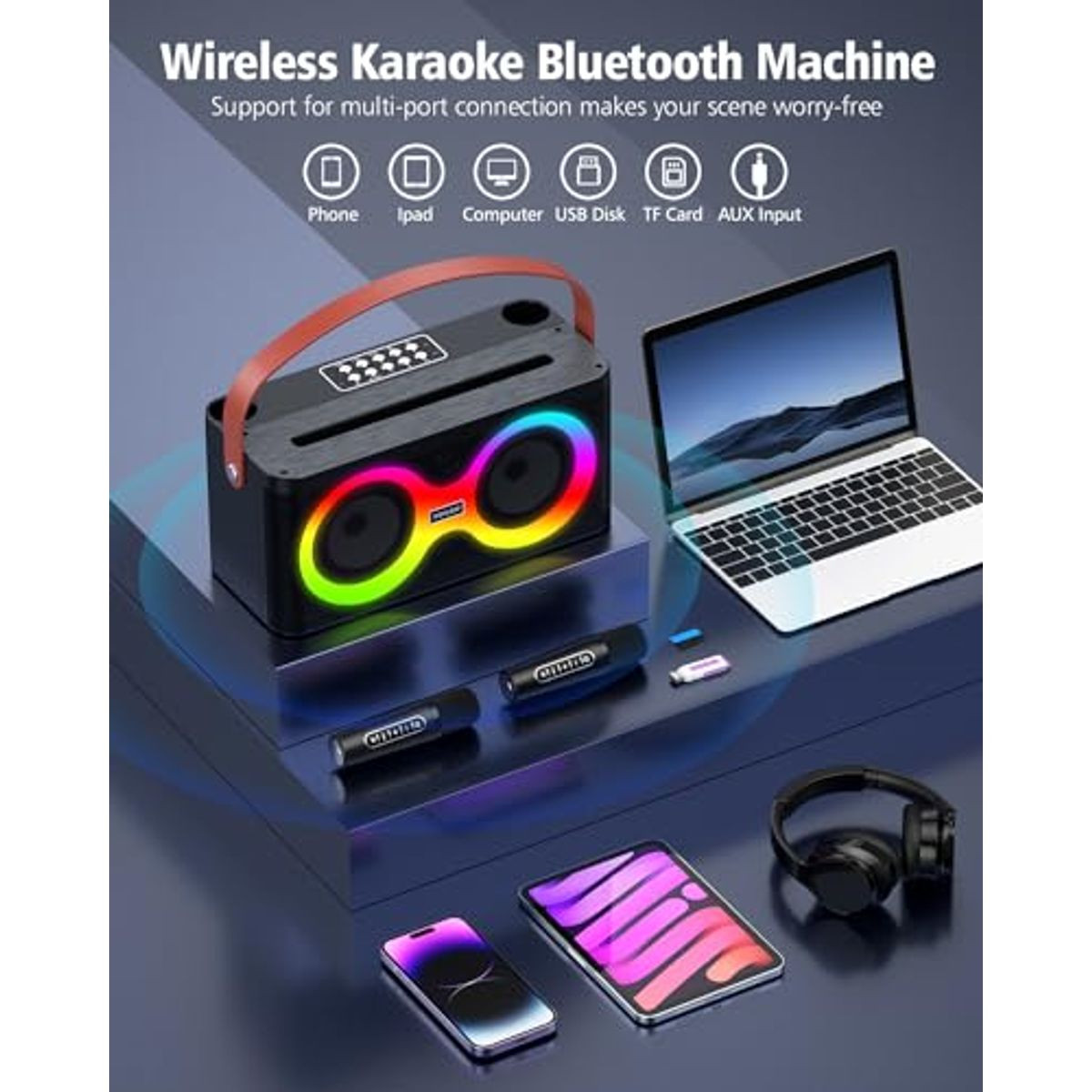 Karaoke Machine, Portable Bluetooth Speaker with 2 Wireless Microphones product image