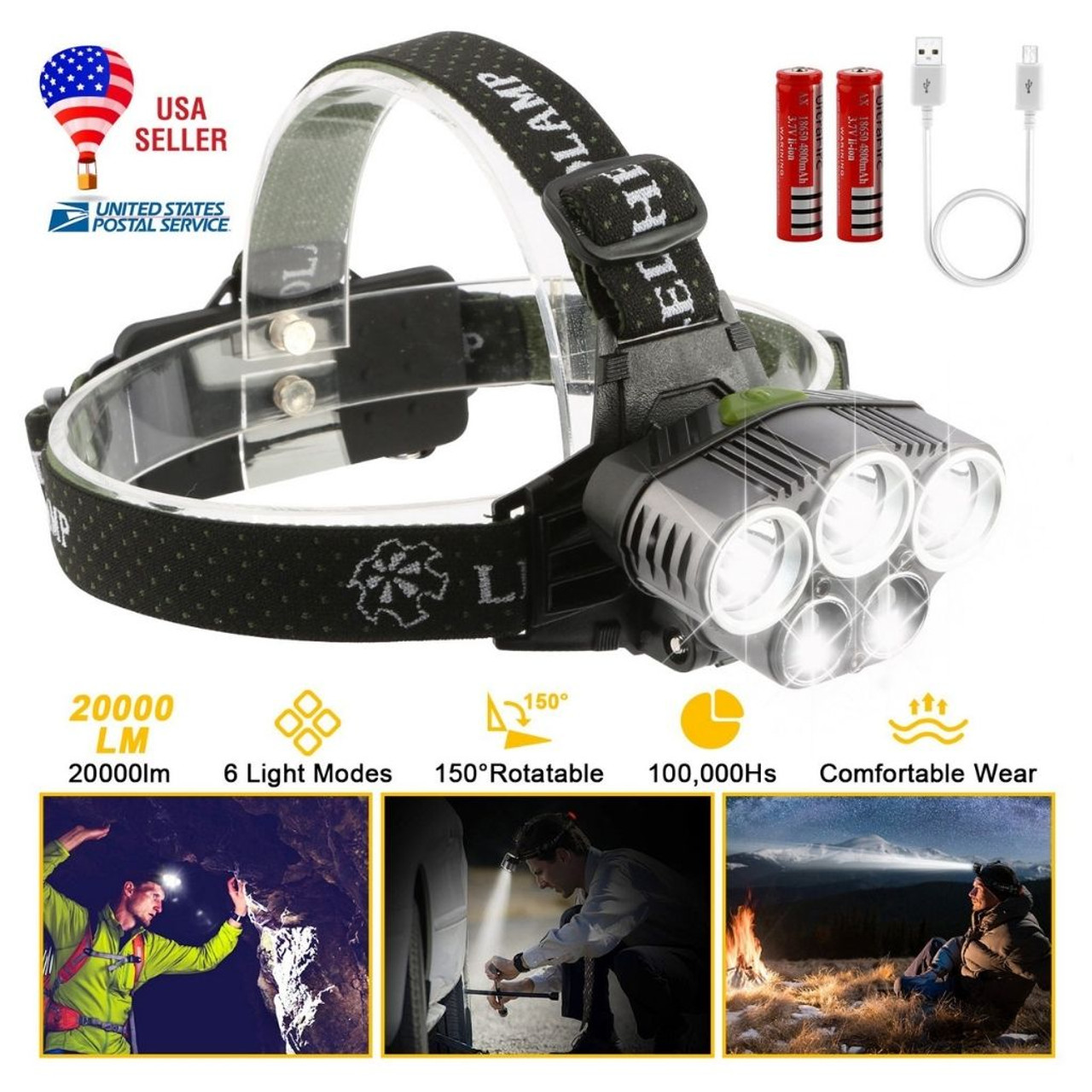 20,000-Lumen Headlamp with 5 LED Bulbs & Rechargeable Batteries product image