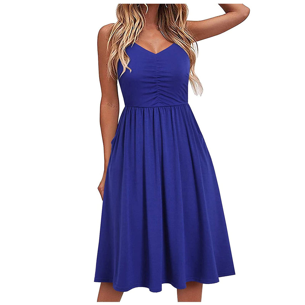 Women's V Neck Ruched Spaghetti Strap Midi Dress product image