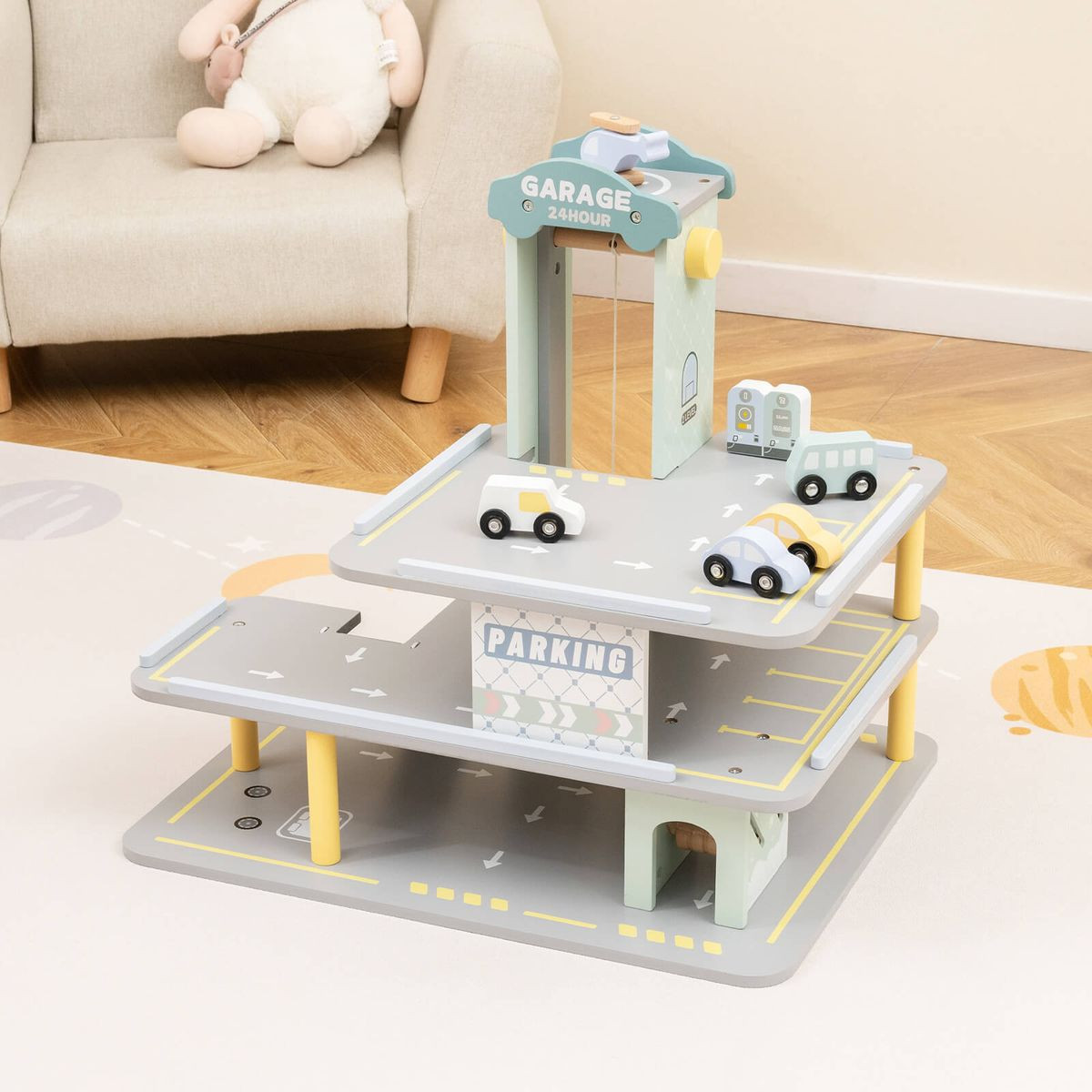  3-Tier Wooden Garage Playset with Interactive Elevator product image