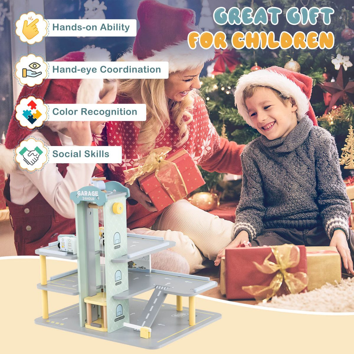  3-Tier Wooden Garage Playset with Interactive Elevator product image