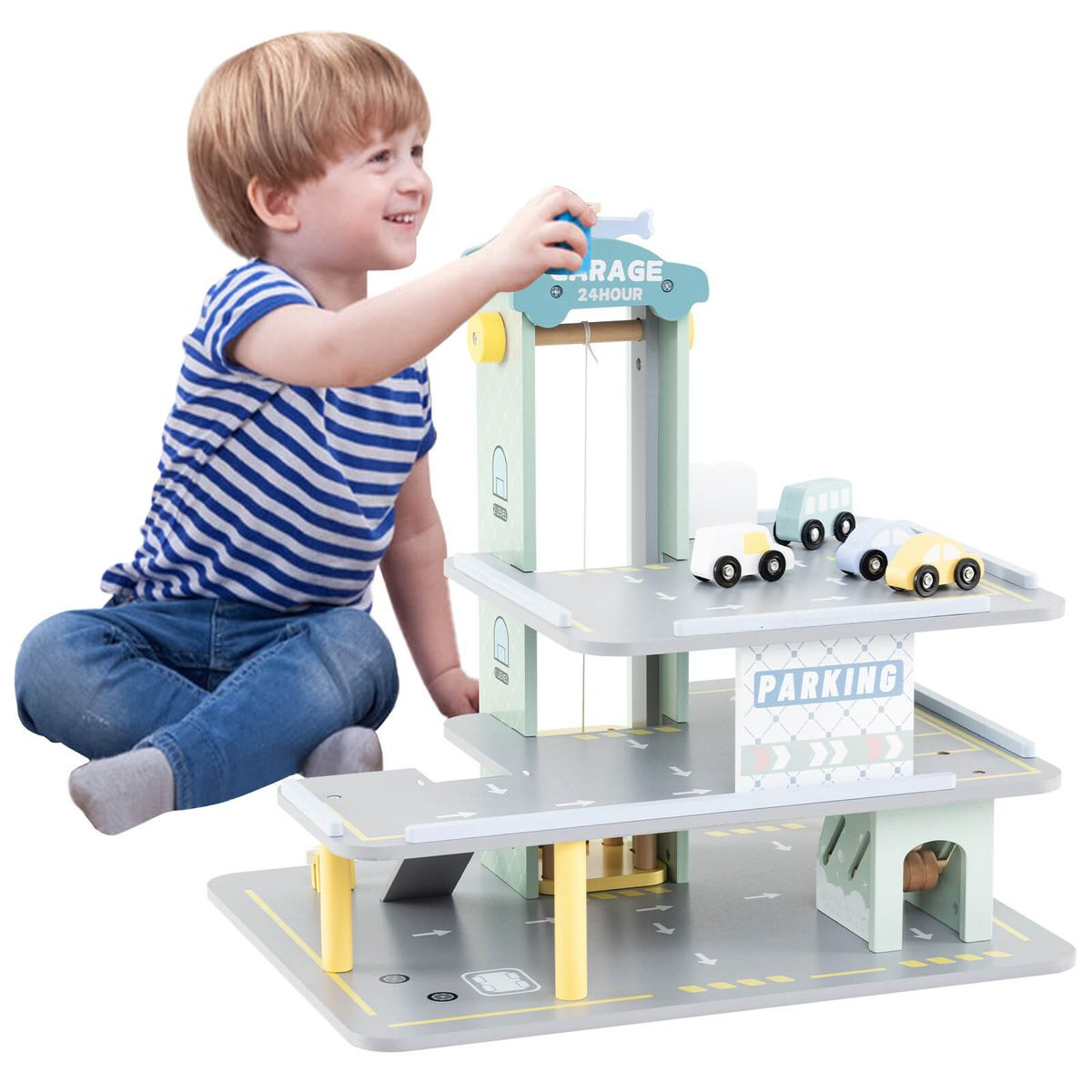  3-Tier Wooden Garage Playset with Interactive Elevator product image