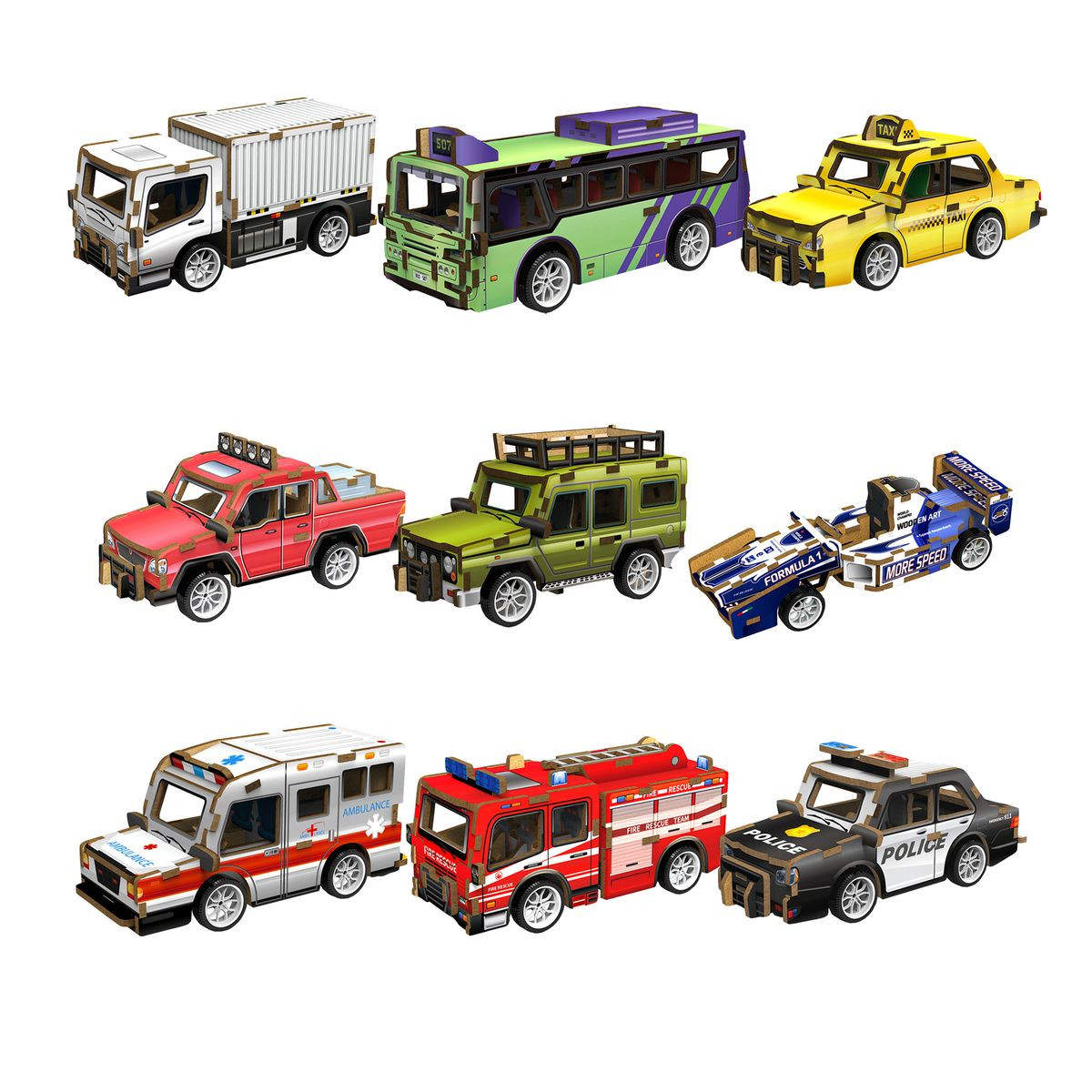 DIY 3D Movable Wooden Puzzles Vehicles Toy (3-Pack) product image