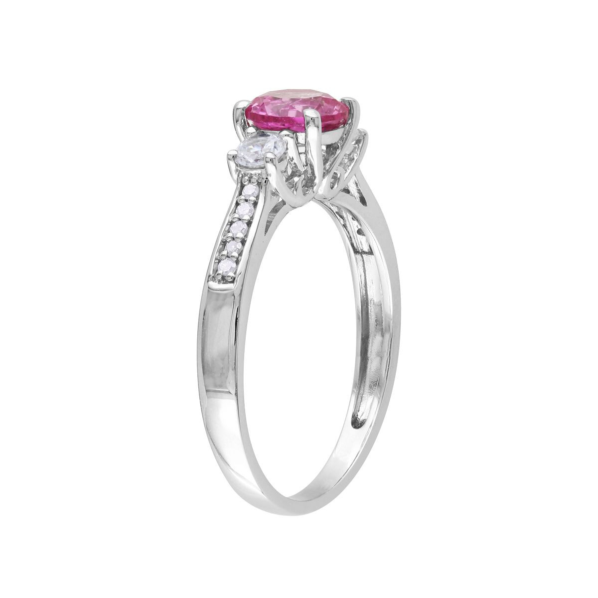1.40 Carat (ctw) Lab-Created Pink and White Sapphire Three Stone Ring in 10k White Gold product image