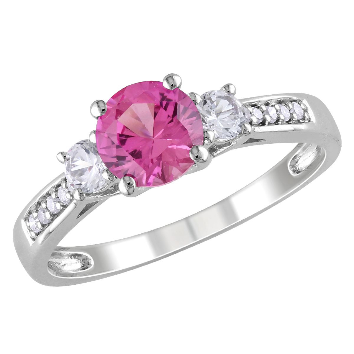 1.40 Carat (ctw) Lab-Created Pink and White Sapphire Three Stone Ring in 10k White Gold product image