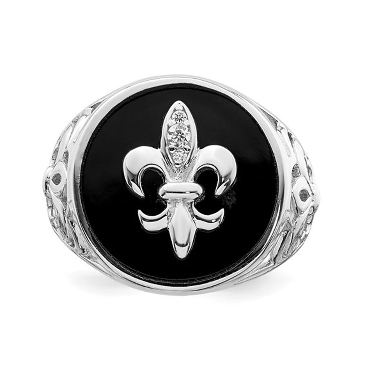 Men's Fleur De Lis Cubic Zirconia (CZ) and Black Onyx Ring in Sterling Silver product image