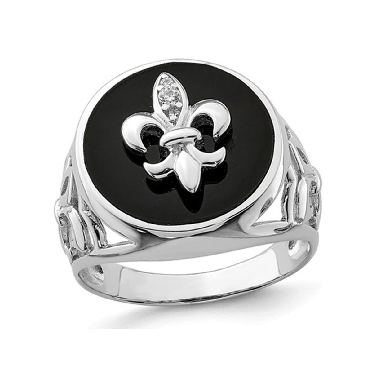 Men's Fleur De Lis Cubic Zirconia (CZ) and Black Onyx Ring in Sterling Silver product image