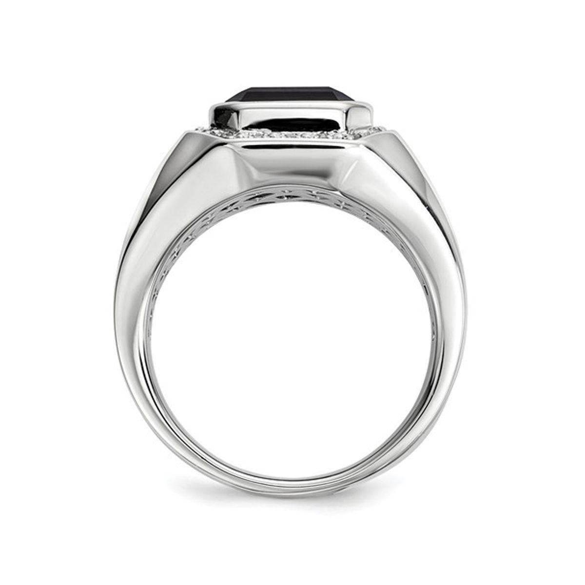 Men's Black Onyx Ring with Accent Diamonds in Rhodium Plated Sterling Silver product image