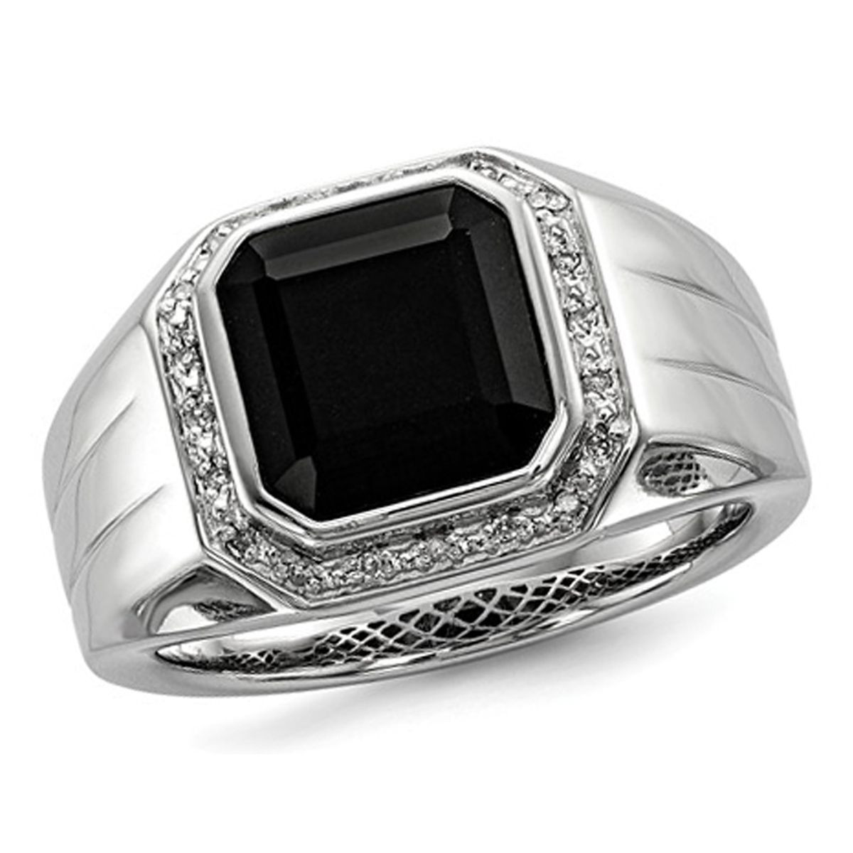 Men's Black Onyx Ring with Accent Diamonds in Rhodium Plated Sterling Silver product image