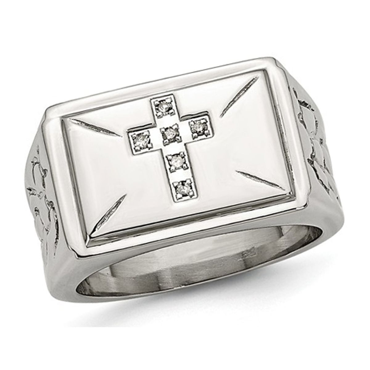 Men's Stainless Steel 1/20 Carat (ctw) Diamond Cross Textured Rings product image