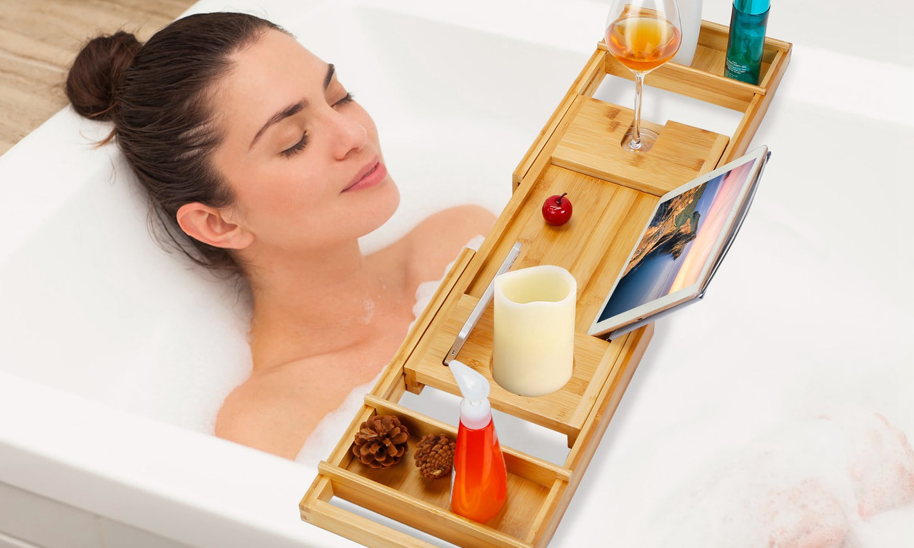 NewHome™ Bamboo Adjustable Width Bathroom Caddy Tray product image
