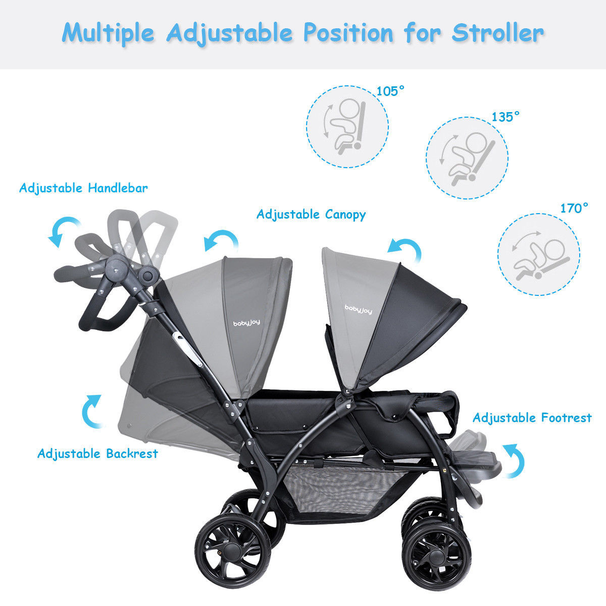Foldable Twin Baby Double Stroller with Adjustable Backrest product image