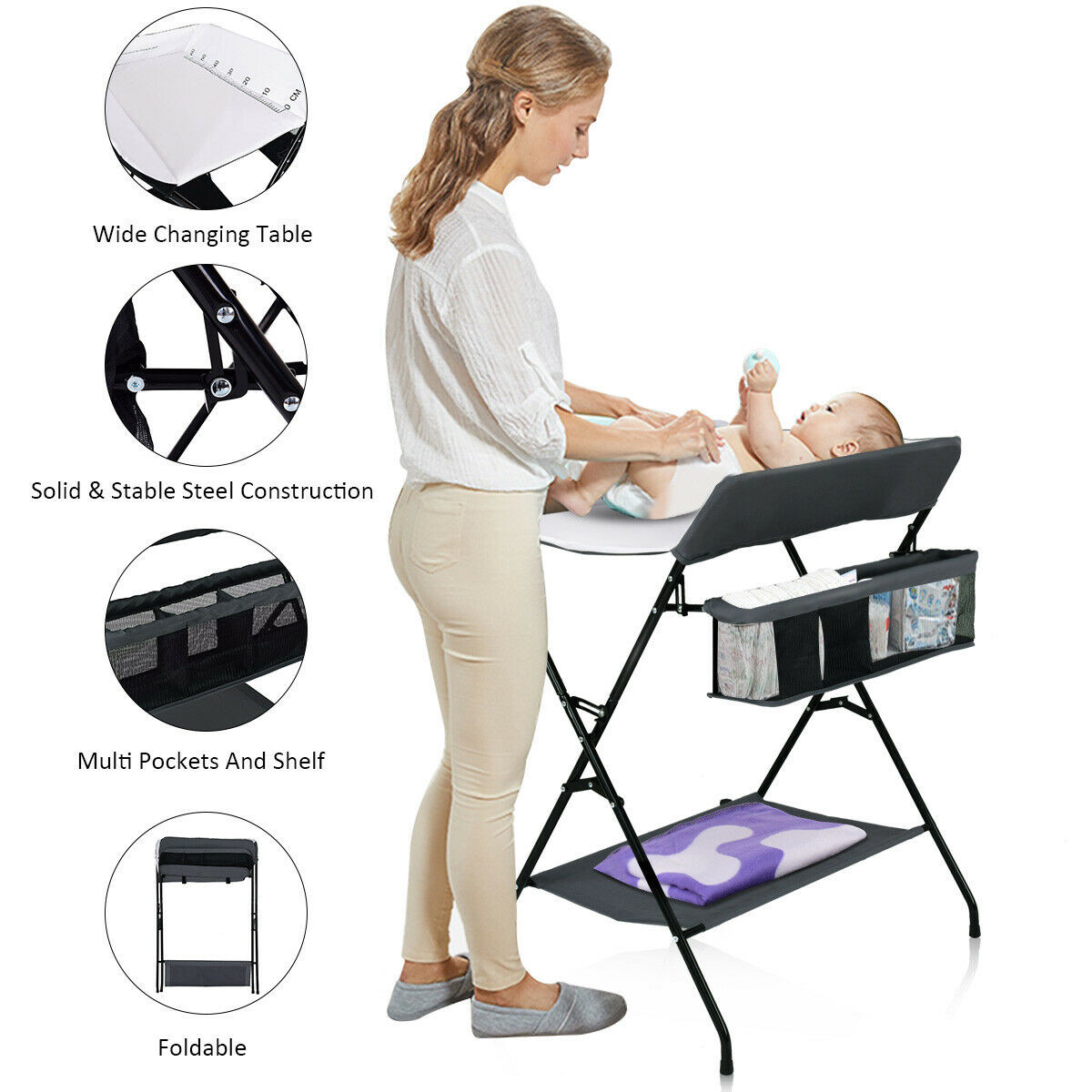 Infant Changing Table with Side Basket and Bottom Shelf product image
