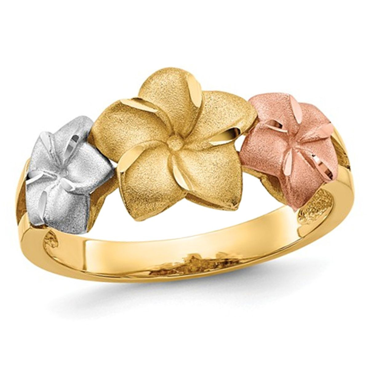14K Yellow, White, Pink Tri-Color Plumeria Gold Ring (Size 7.5) product image