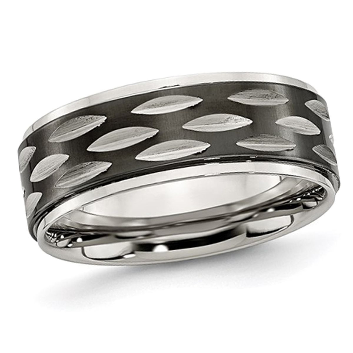 8mm Black Plated Stainless Steel Grooved Wedding Band Ring product image