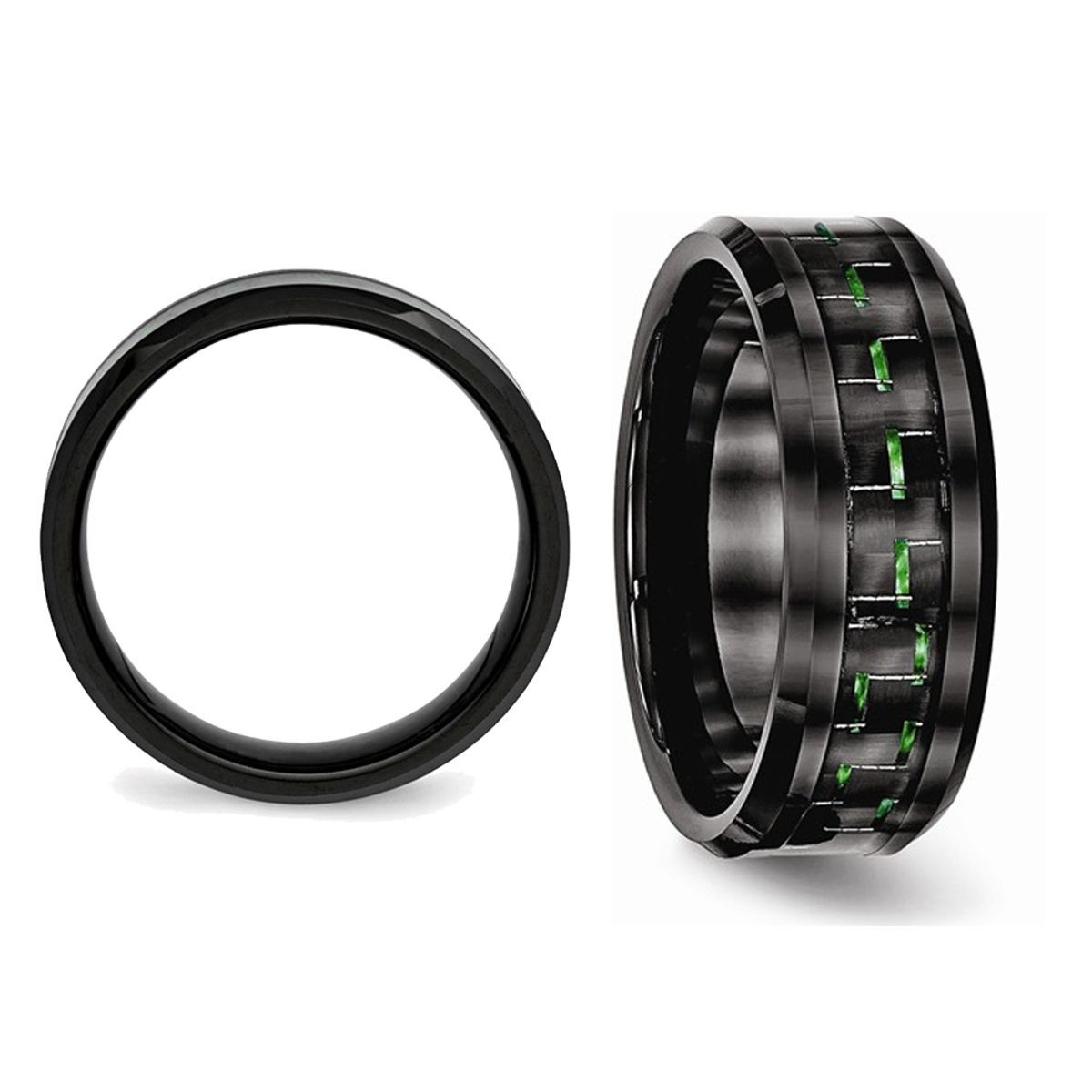 Ceramic Black with Green Carbon Fiber Beveled Edge Wedding Band Ring product image