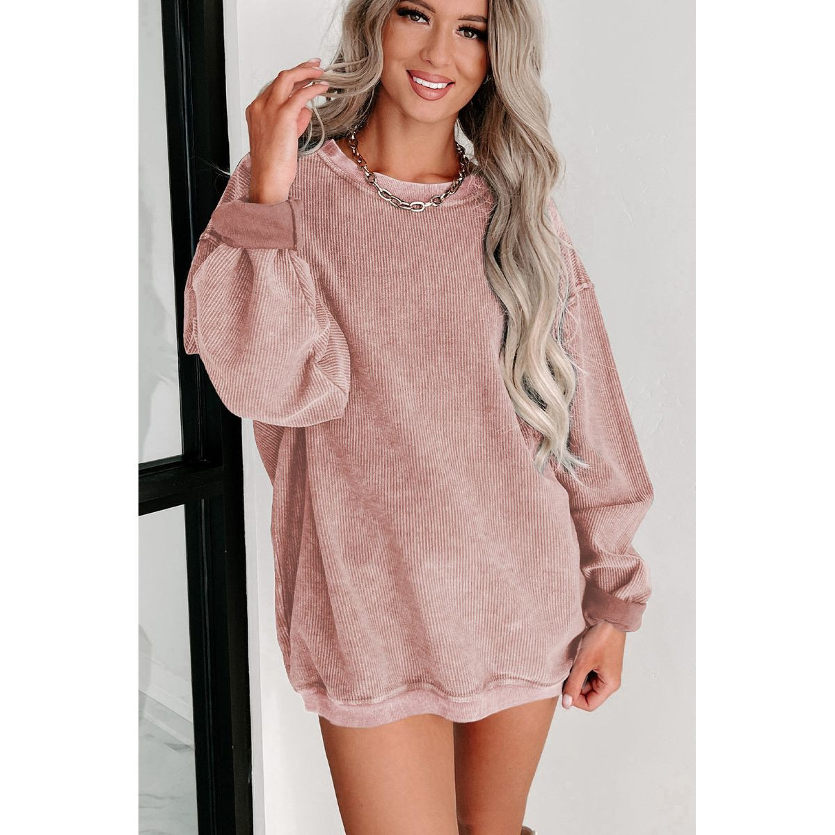 Faith Solid Ribbed Knit Round Neck Pullover Sweatshirt product image